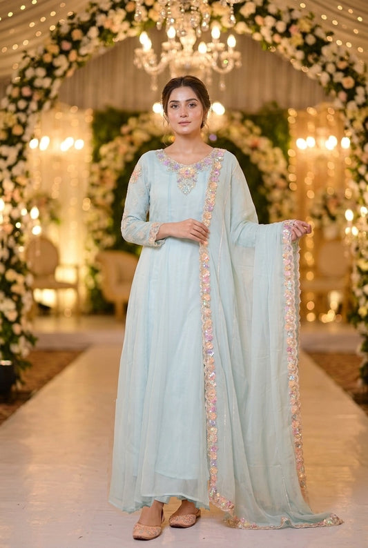 Embroidered Chiffon Blue Maxi – Stitched 3pc-RW3-177