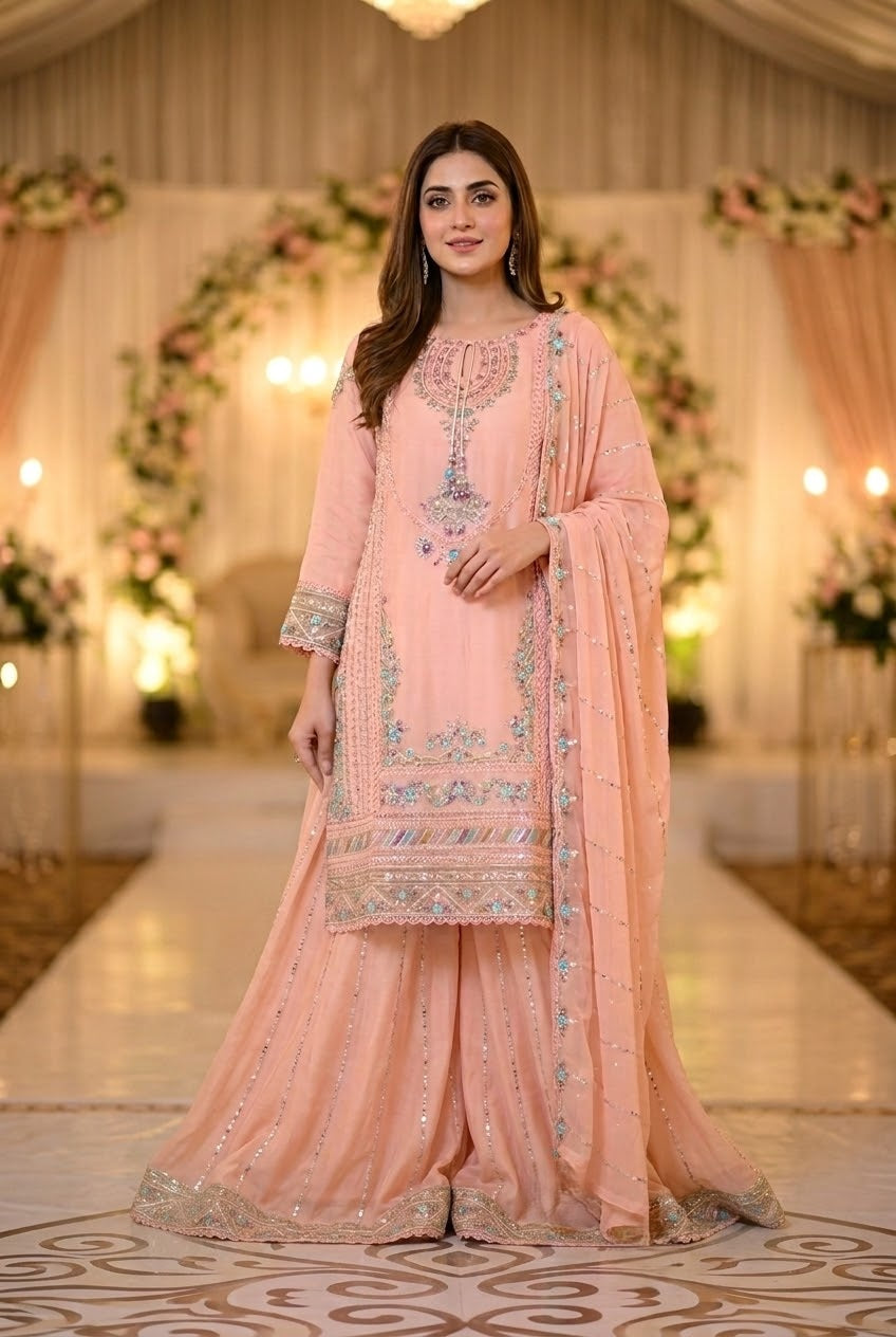 Maria B Inspired Pink Embroidered Chiffon Palazzo Suit – Stitched 3pc-RW3-175