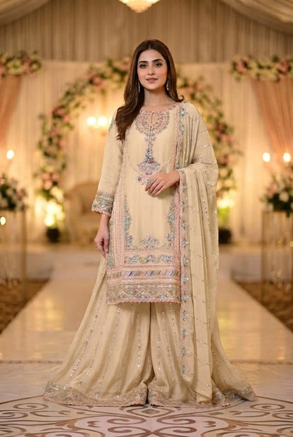 Maria B Inspired Beige  Embroidered Chiffon Palazzo Suit – Stitched 3pc-RW3-176