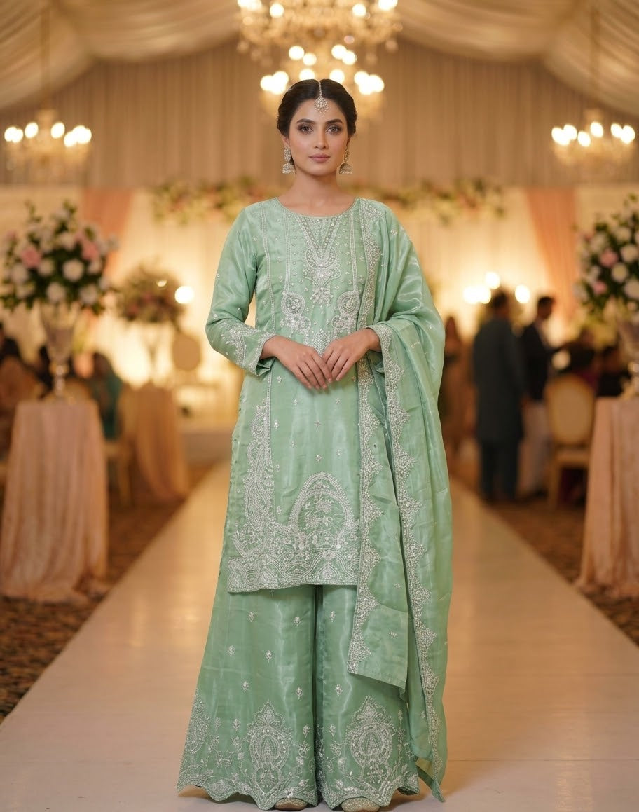Agha Noor Inspired Green Embroidered Sheesha Silk Palazzo Suit – Stitched 3pc-RW3- 225