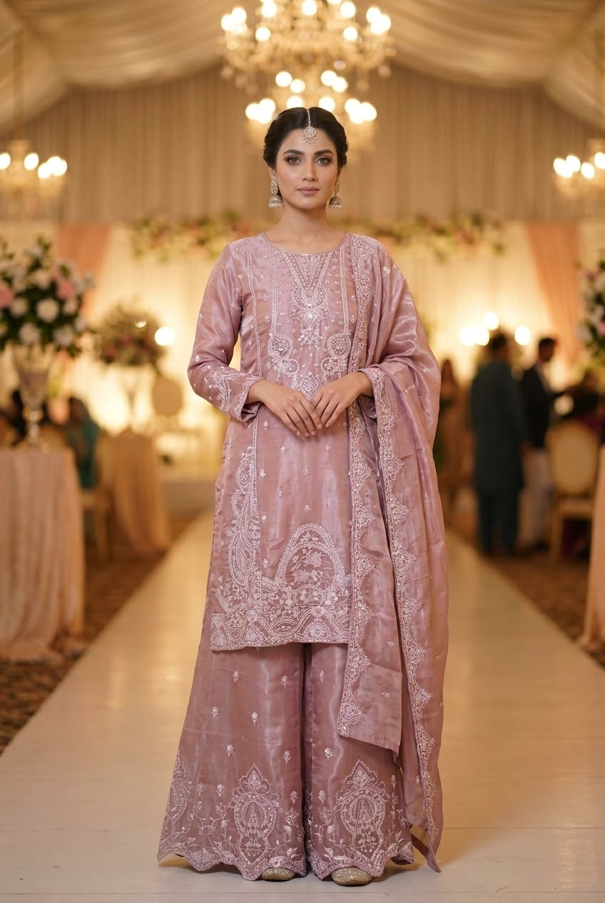 Agha Noor Inspired Pink Embroidered Sheesha Silk Palazzo Suit – Stitched 3pc-RW3- 224