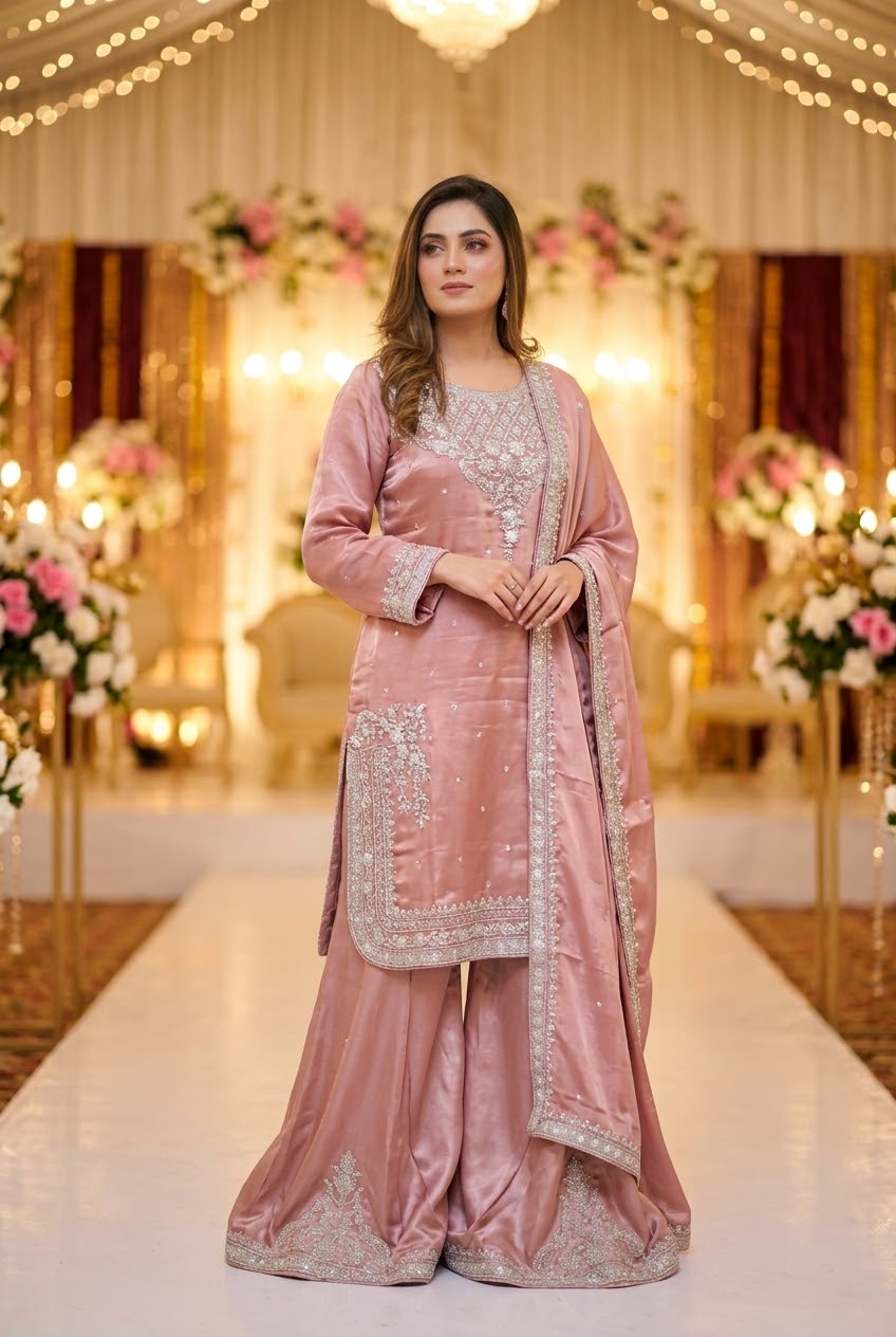 Pink Embroidered Sheesha Silk Palazzo Suit – Stitched 3pc-RW3- 229