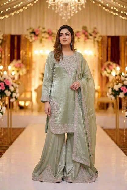 Green Embroidered Sheesha Silk Palazzo Suit – Stitched 3pc-RW3- 230