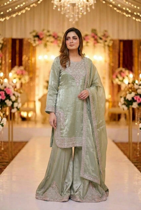Green Embroidered Sheesha Silk Palazzo Suit – Stitched 3pc-RW3- 230