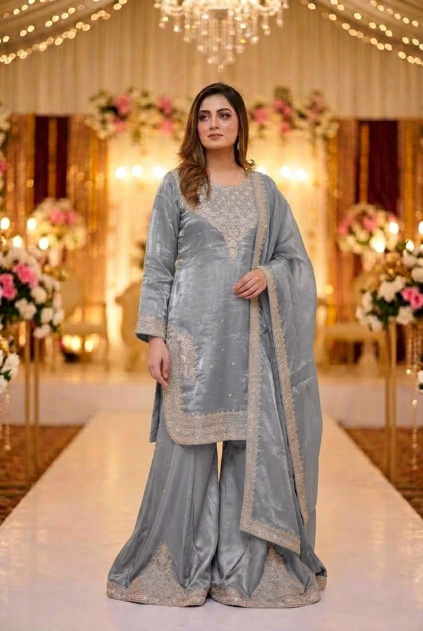 Grey Embroidered Sheesha Silk Palazzo Suit – Stitched 3pc-RW3- 228