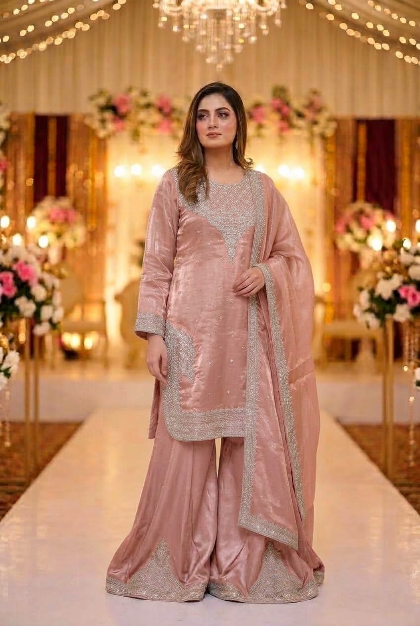 Pink Embroidered Sheesha Silk Palazzo Suit – Stitched 3pc-RW3- 229