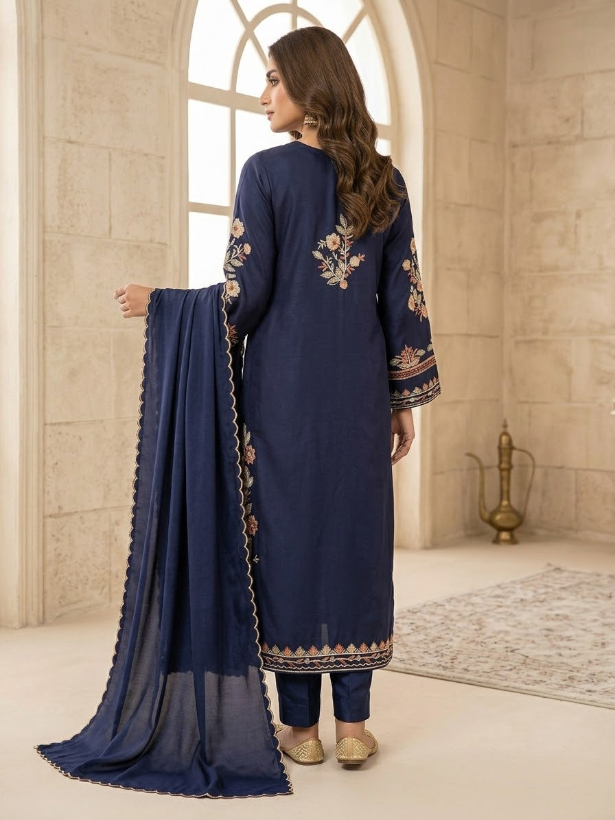 Navy Silk Kaftan – Stitched 3pc-RW3-235