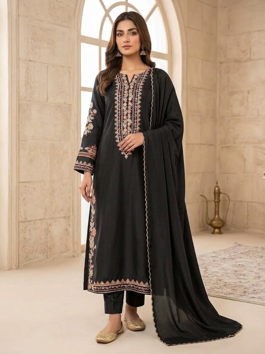 Black Silk Kaftan – Stitched 3pc-RW3-236