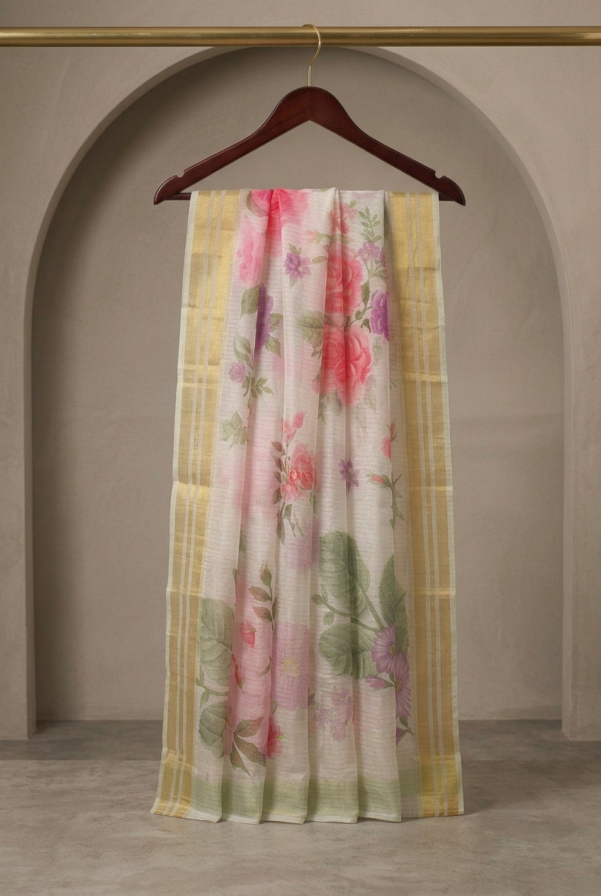 Green Printed Organza Dupatta-D116
