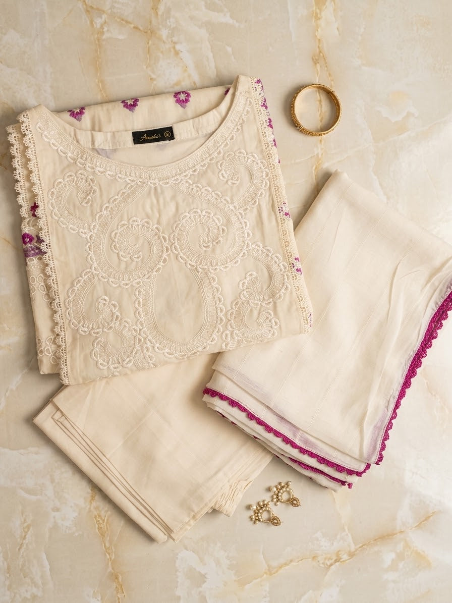 Aneela's Embroidered Cream Lawn-Stitched 3PC - RW3-237
