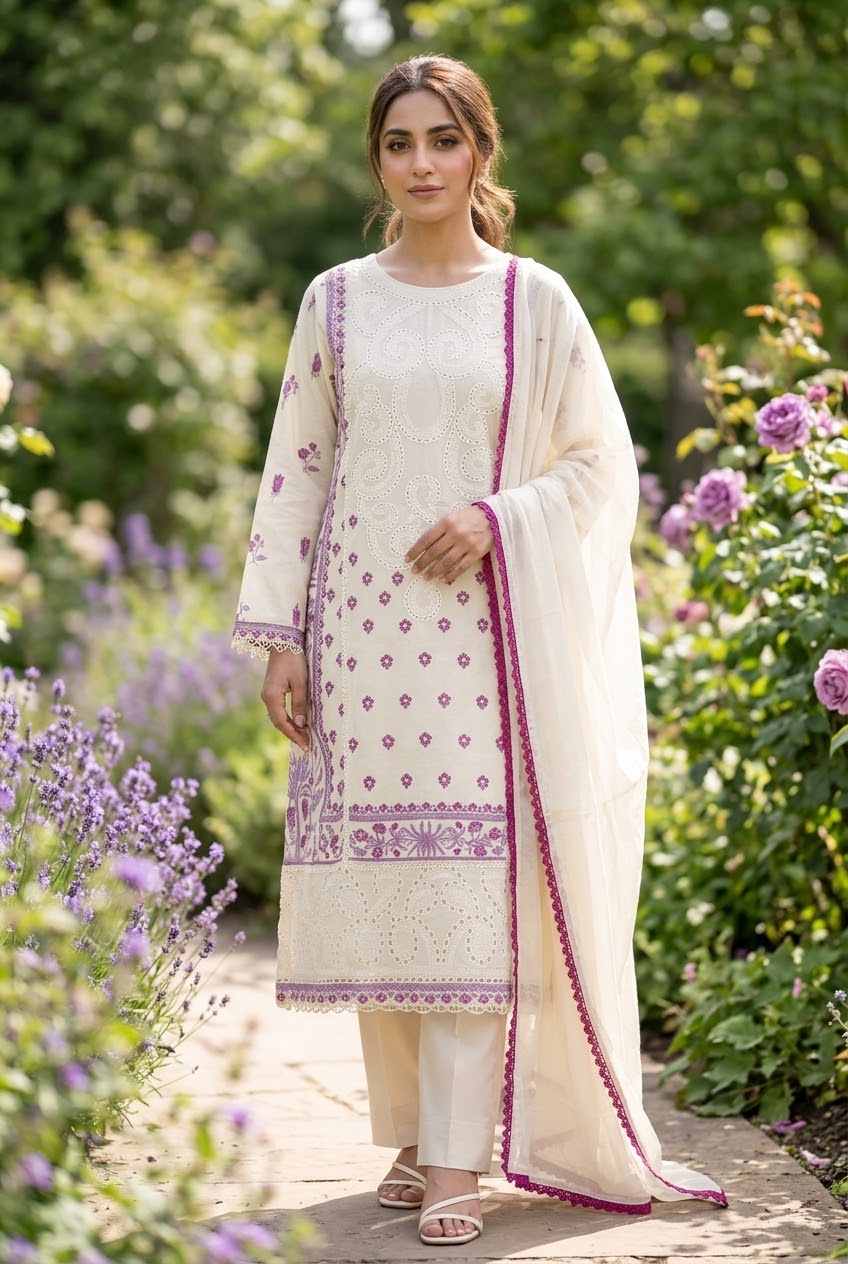 Aneela's Embroidered Cream Lawn-Stitched 3PC - RW3-237