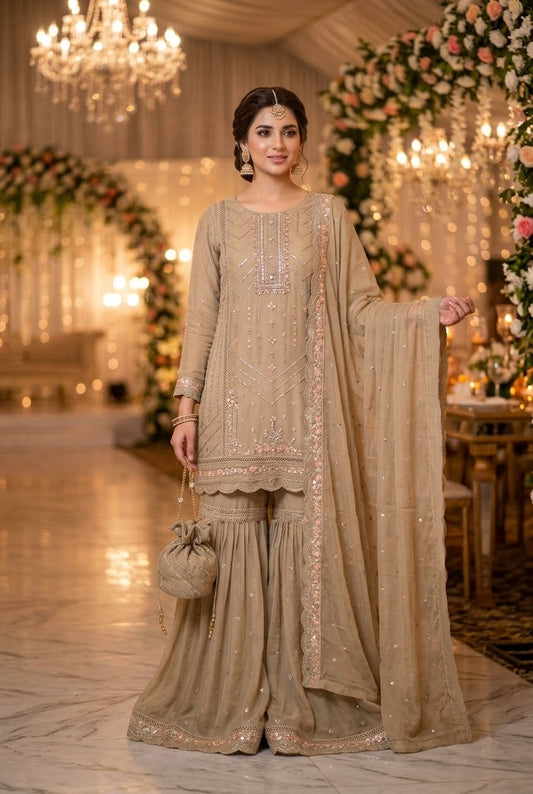 Agha Noor Inspired Skin Chiffon Gharara – Stitched 3pc-RW3-238