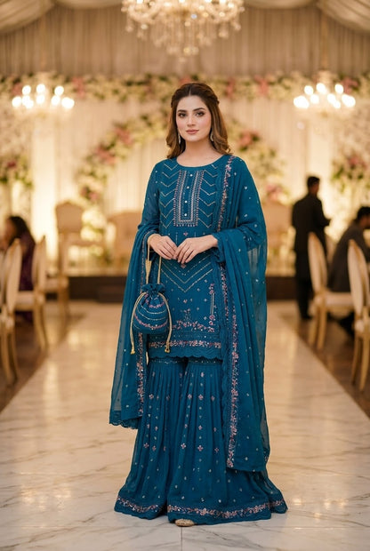 Agha Noor Inspired Teal Chiffon Gharara – Stitched 3pc-RW3-239