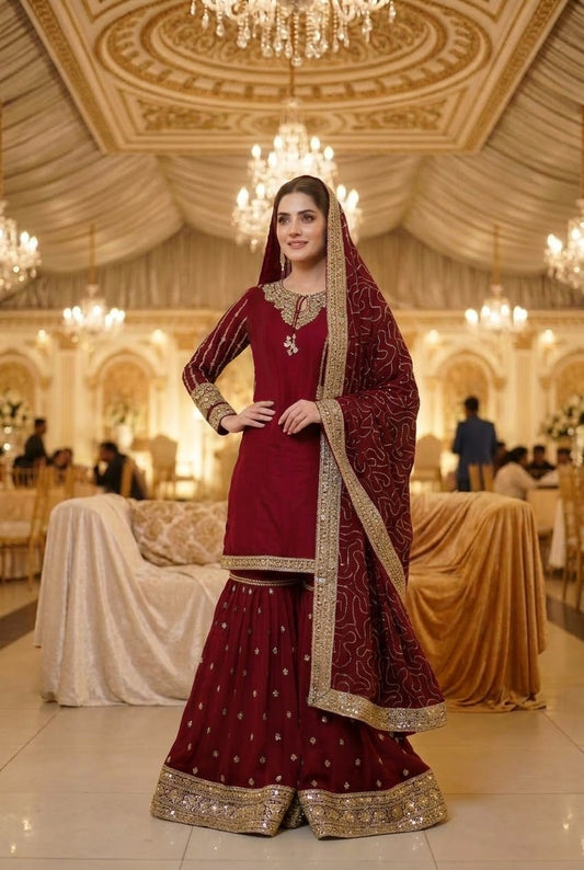 Agha Noor Inspired Maroon Chiffon Gharara – Stitched 3pc-RW3-234