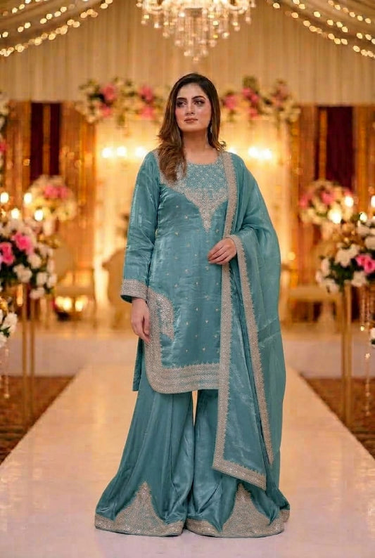 Blue Embroidered Sheesha Silk Palazzo Suit – Stitched 3pc-RW3- 231
