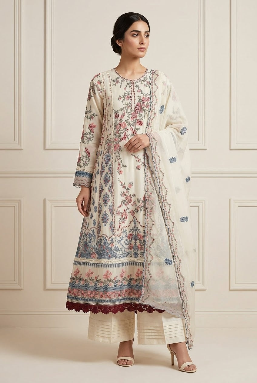 Hussain Rehar Inspired Cream Chiffon Embroidered Frock – Stitched 3pc-RW3-241