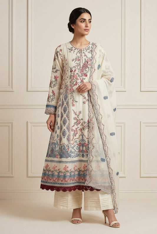 Hussain Rehar Inspired Cream Chiffon Embroidered Frock – Stitched 3pc-RW3-241