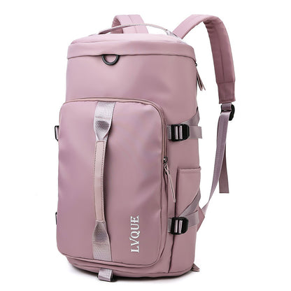 A pink bag cum backpack with a zipper closure, multiple compartments, adjustable straps and multiple carrying options