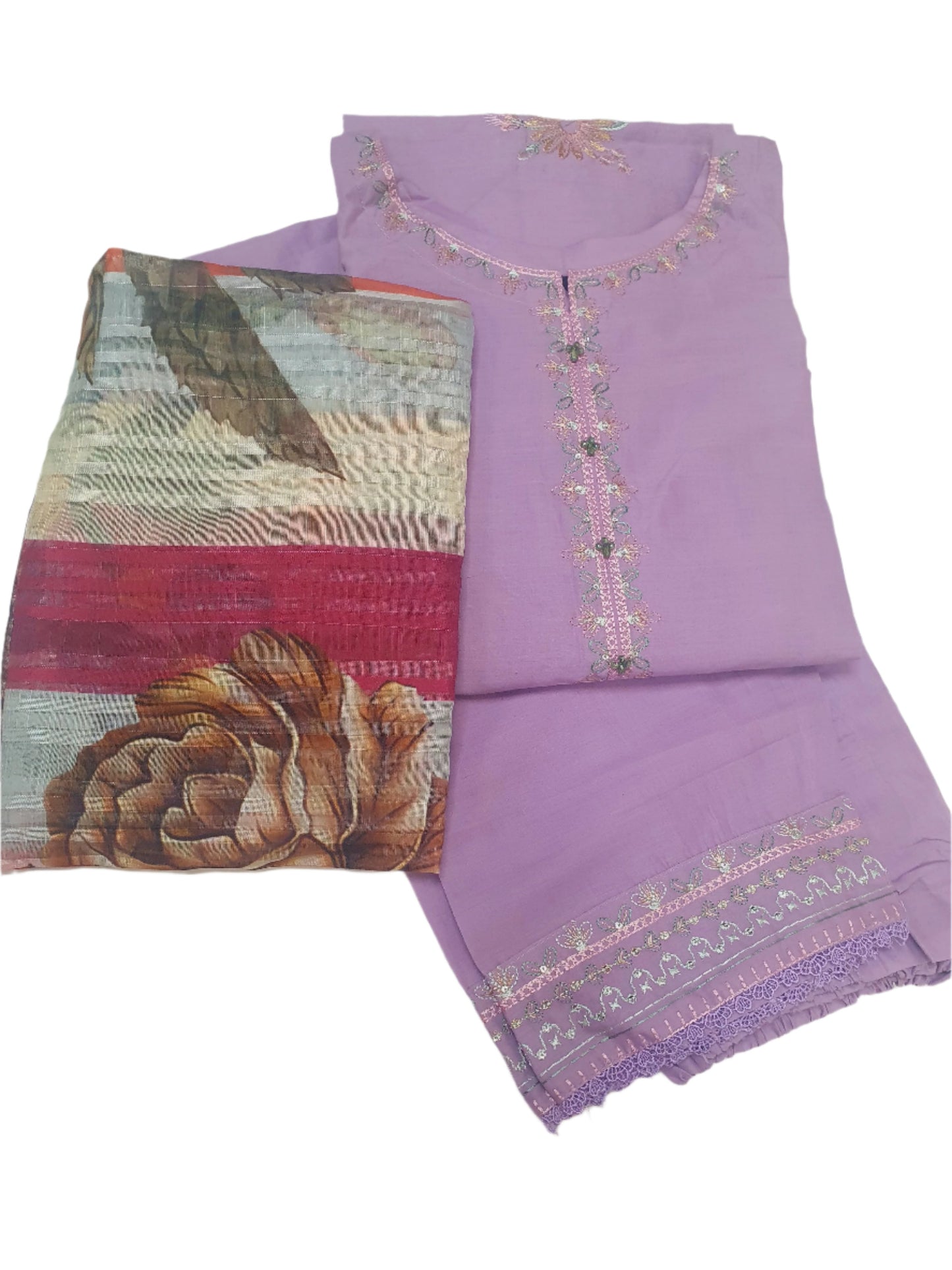 A traditional Lawn 3-piece suit with embroidered details and a printed dupatta.