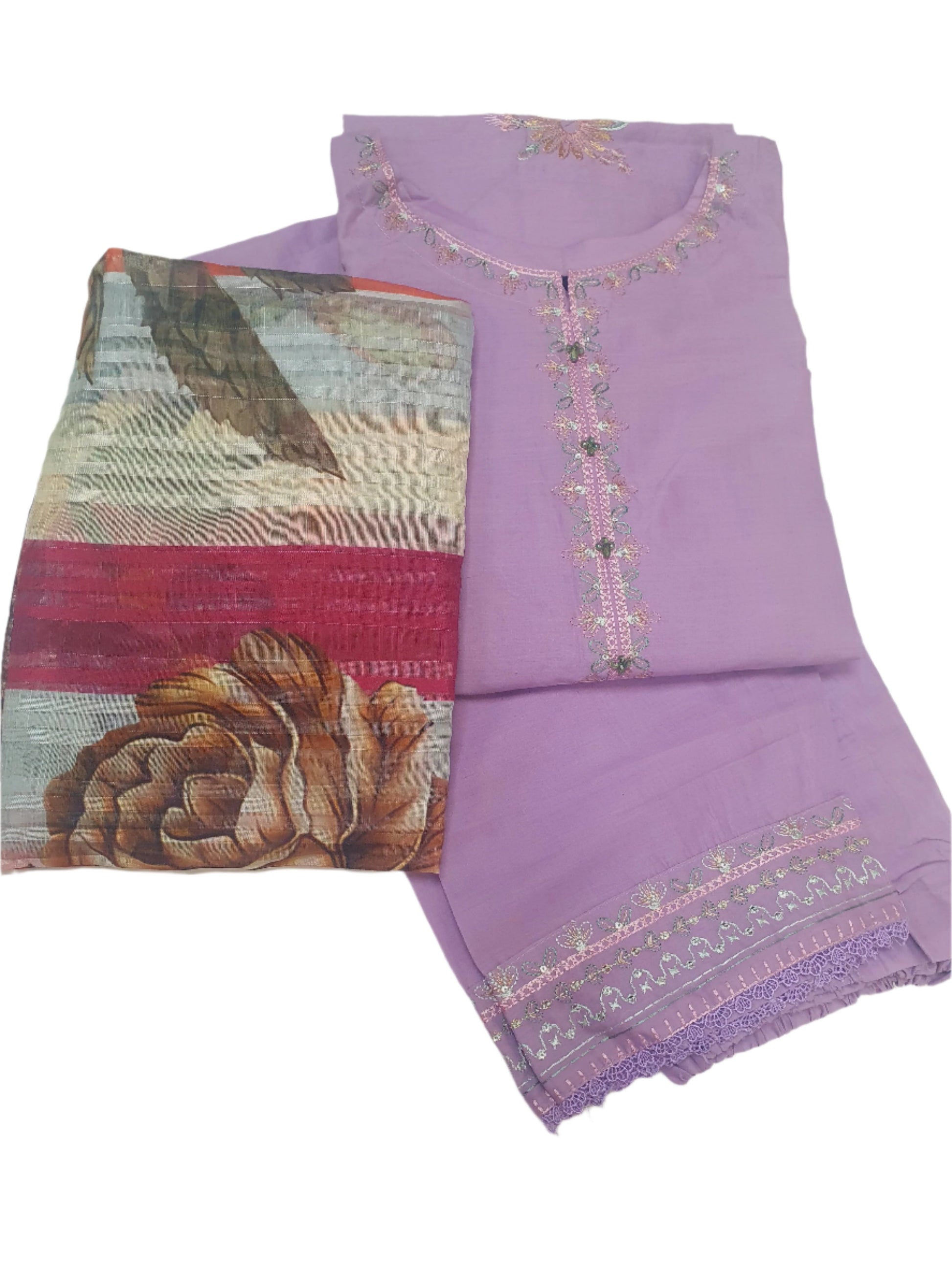A traditional Lawn 3-piece suit with embroidered details and a printed dupatta.