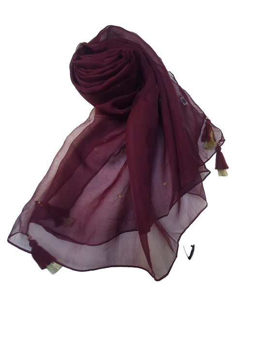 Maroon J. organza Dupatta with Tassels-Online Dubai