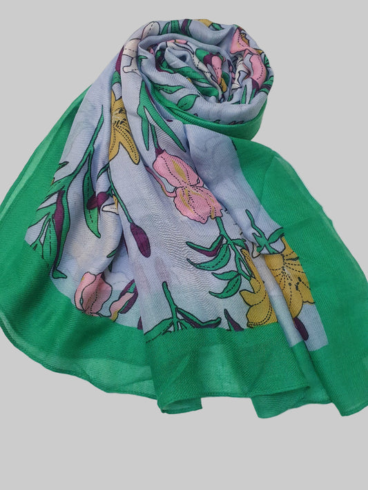 Floral patterned J. scarf with green border -Khaas Trends