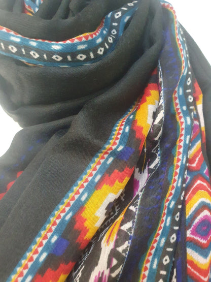 Black scarf with colorful geometric patterns