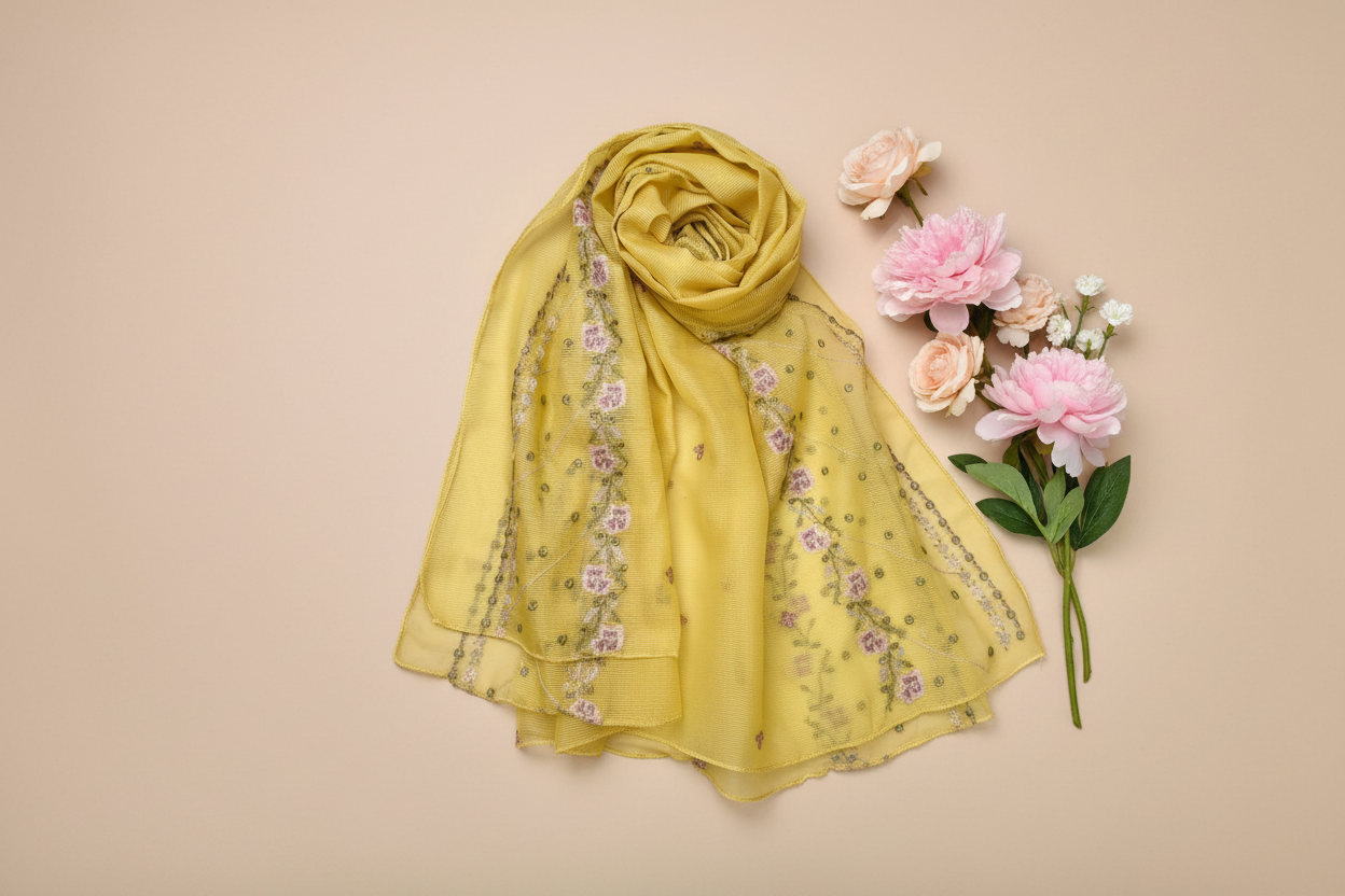 Cross Stitch Embroidered Organza Net Dupatta-D65