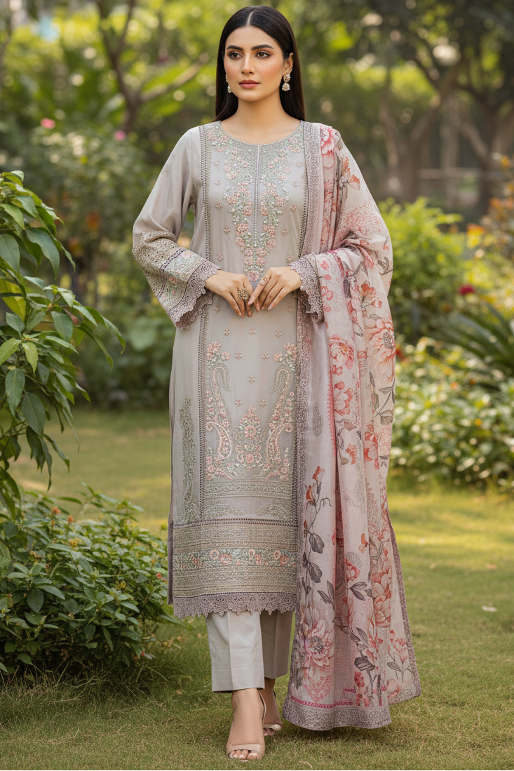 Maria B Inspired Embroidered Light Beige Chiffon Stitched 3pc- RW3-31