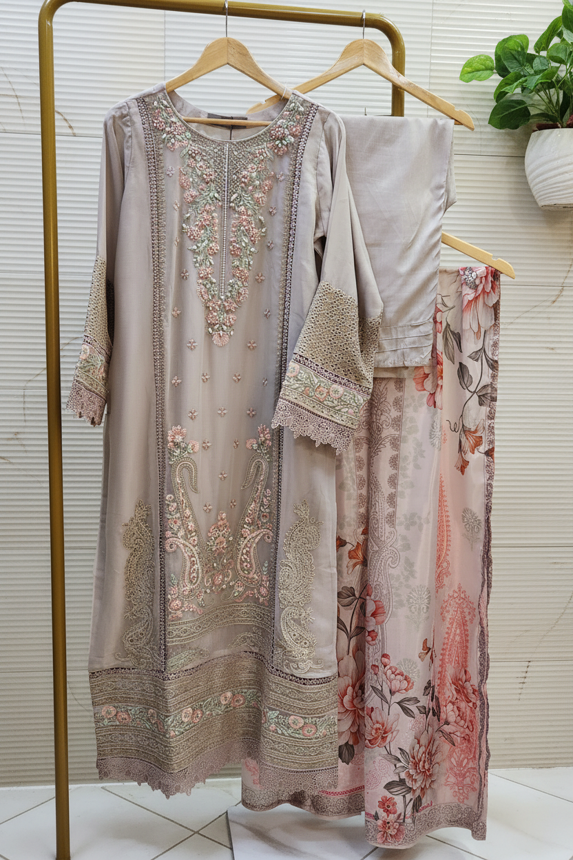 Maria B Inspired Embroidered Light Beige Chiffon Stitched 3pc- RW3-31