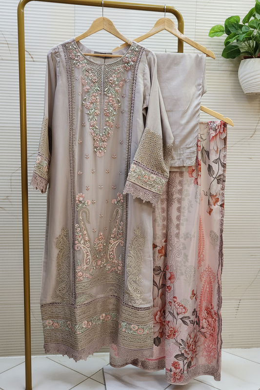 Maria B Inspired Embroidered Light Beige Chiffon Stitched 3pc- RW3-31