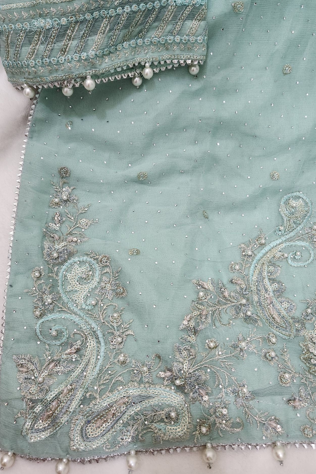 Agha Noor Inspired Aqua Chiffon Gharara Suit – Stitched 3pc-RW3-89