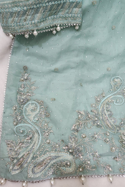 Agha Noor Inspired Aqua Chiffon Gharara Suit – Stitched 3pc-RW3-89