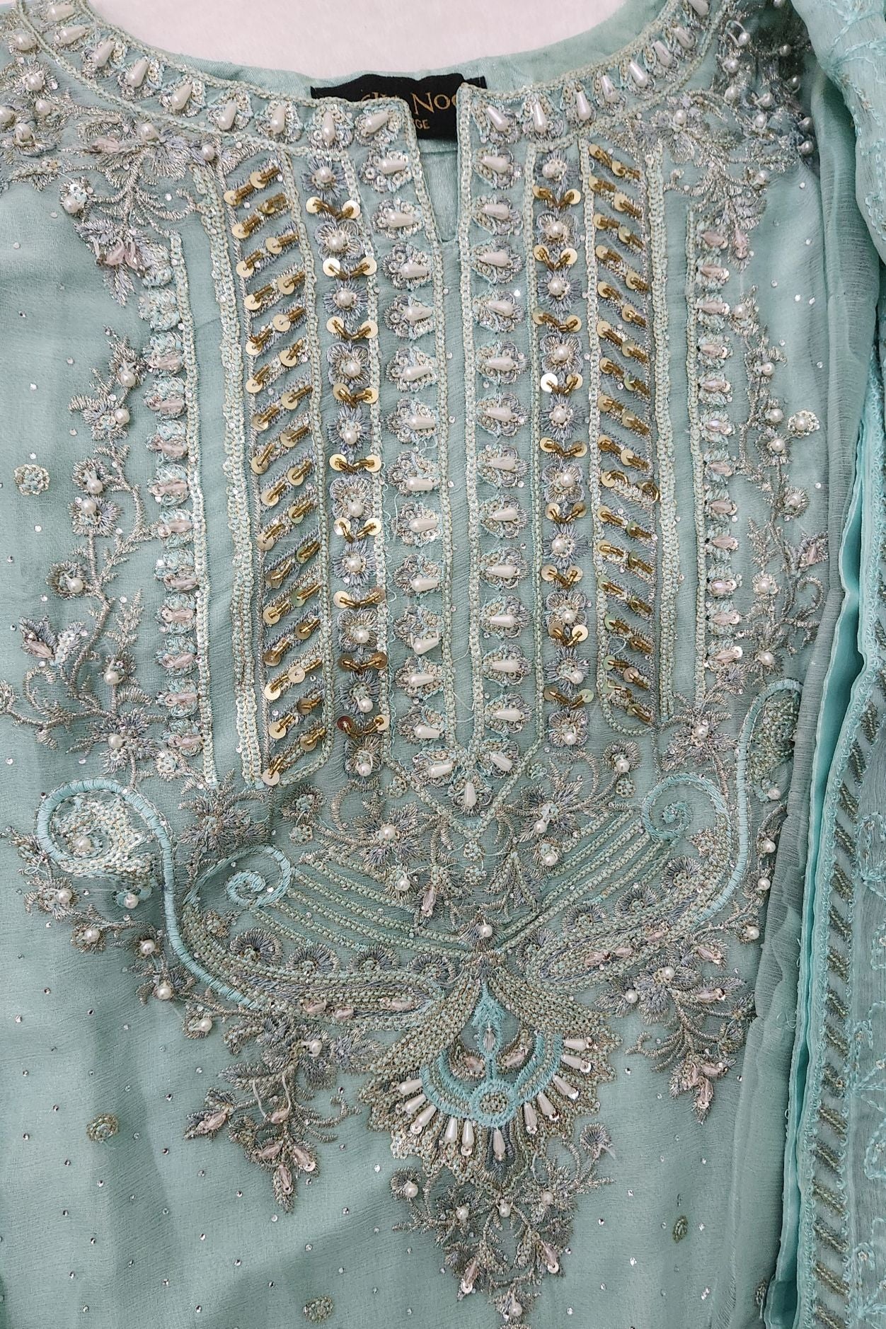 Agha Noor Inspired Aqua Chiffon Gharara Suit – Stitched 3pc-RW3-89