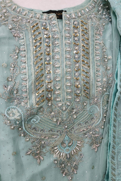 Agha Noor Inspired Aqua Chiffon Gharara Suit – Stitched 3pc-RW3-89