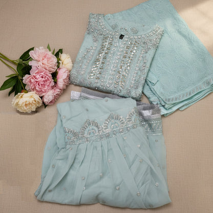 Agha Noor Inspired Aqua Chiffon Gharara Suit – Stitched 3pc-RW3-89