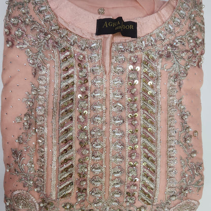 Agha Noor Inspired  Peach Chiffon Gharara Suit–Stitched 3pc- RW3-90