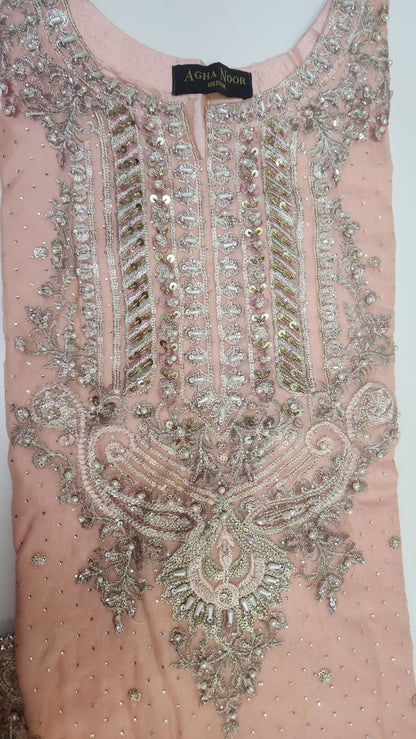 Agha Noor Inspired  Peach Chiffon Gharara Suit–Stitched 3pc- RW3-90