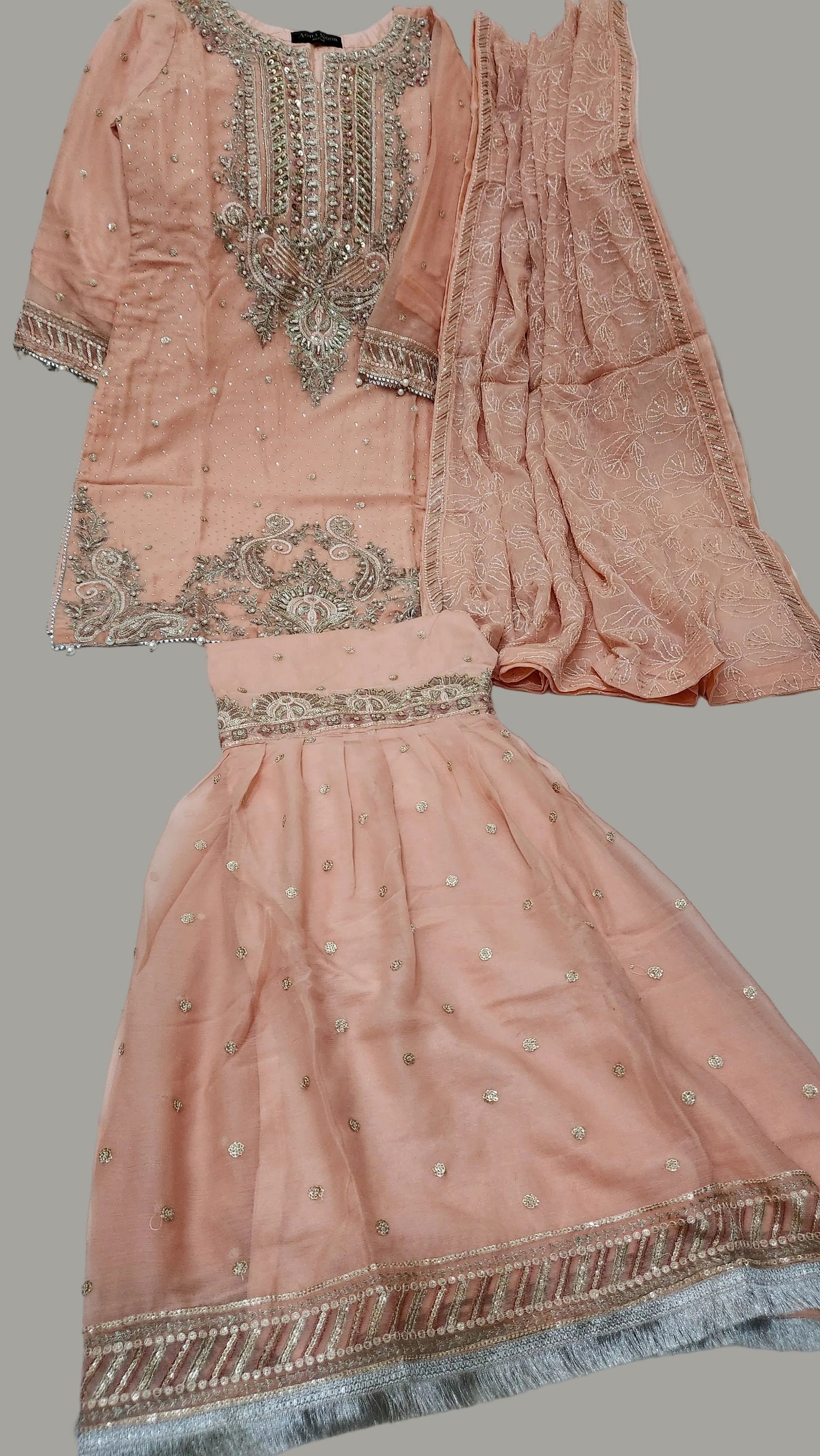 Agha Noor Inspired  Peach Chiffon Gharara Suit–Stitched 3pc- RW3-90