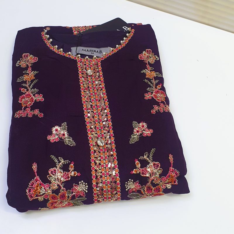 Maria.B Inspired Purple Embroidered Chiffon Suit – Stitched 3pc - RW3-110