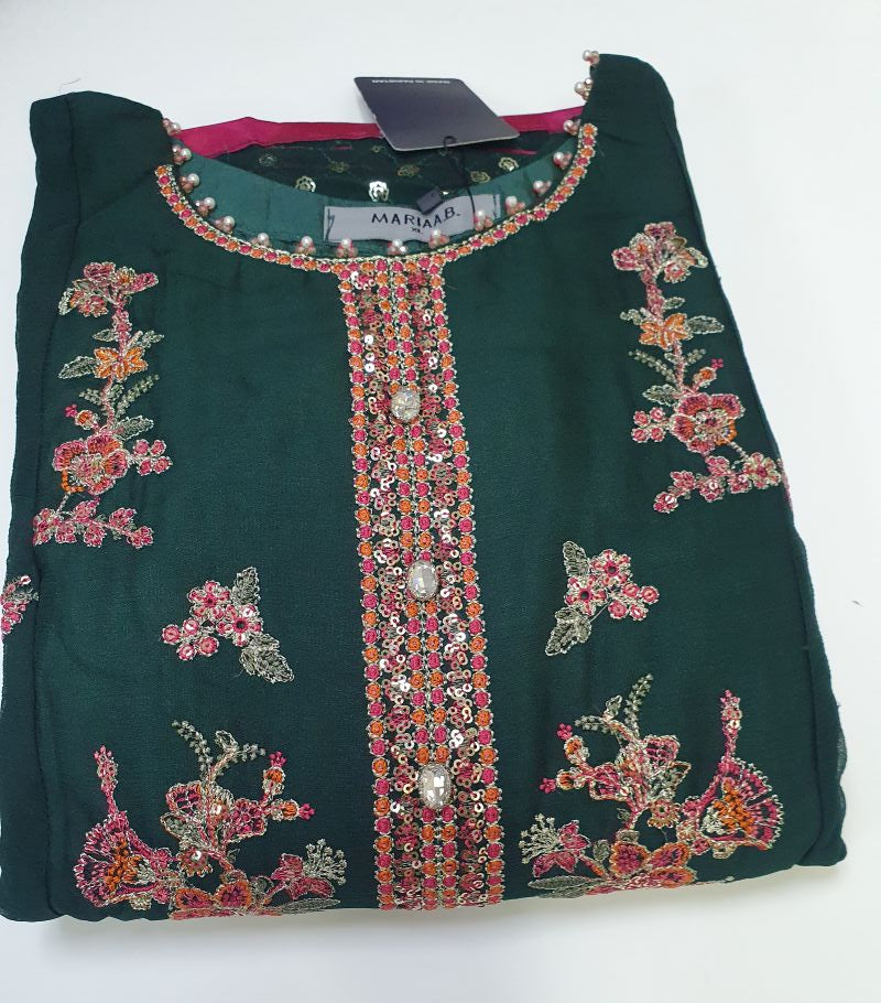 Maria.B Inspired Green Embroidered Chiffon Suit – Stitched 3pc - RW3-111