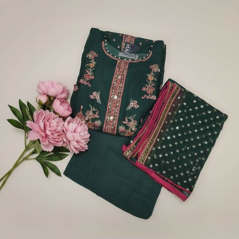 Maria.B Inspired Green Embroidered Chiffon Suit – Stitched 3pc - RW3-111
