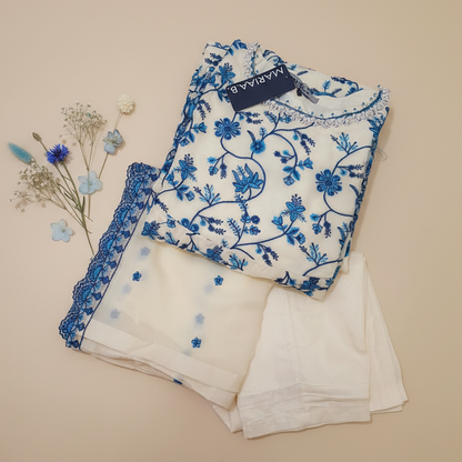 Maria B Inspired Blue & White Embroidered Chiffon Maxi – Stitched-RW3-118