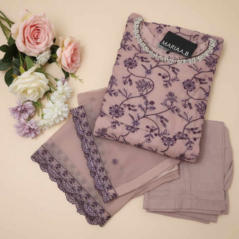 Maria B Inspired  Embroidered Mauve Chiffon Maxi – Stitched-RW3-119