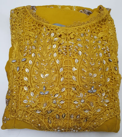 Maria B Inspired Mustard Embroidered Chiffon Suit – Stitched 3pc-RW3-119