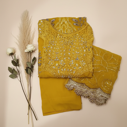Maria B Inspired Mustard Embroidered Chiffon Suit – Stitched 3pc-RW3-119