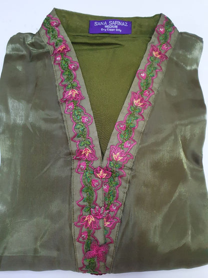 Sana Safinaz Inspired Green Embroidered Sheesha Silk Kaftan – Stitched 3pc-RW3-120