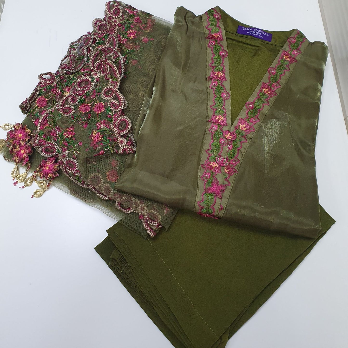 Sana Safinaz Inspired Green Embroidered Sheesha Silk Kaftan – Stitched 3pc-RW3-120