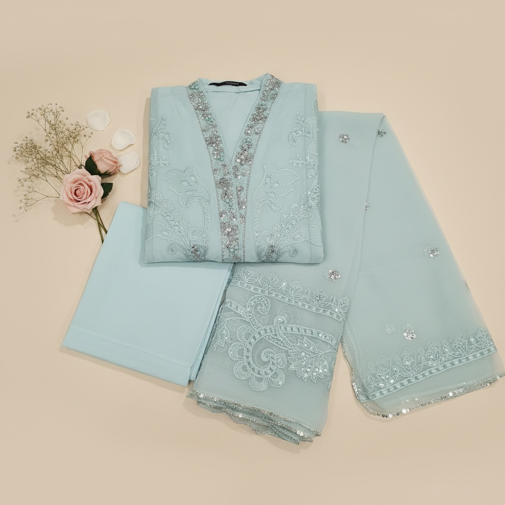 Maria B Inspired Aqua Embroidered Chiffon Suit – Stitched 3pc-RW3-121