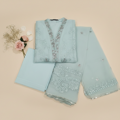 Maria B Inspired Aqua Embroidered Chiffon Suit – Stitched 3pc-RW3-121